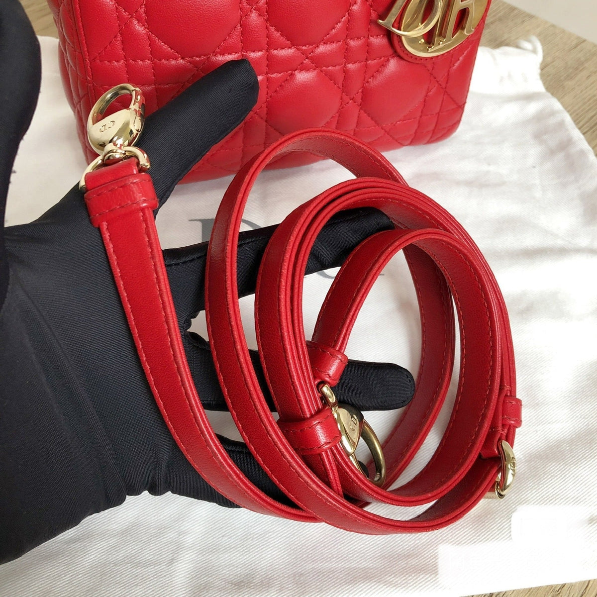 Lady Dior Red Mini handbag Cannage Leather with strap Rovelle Bags
