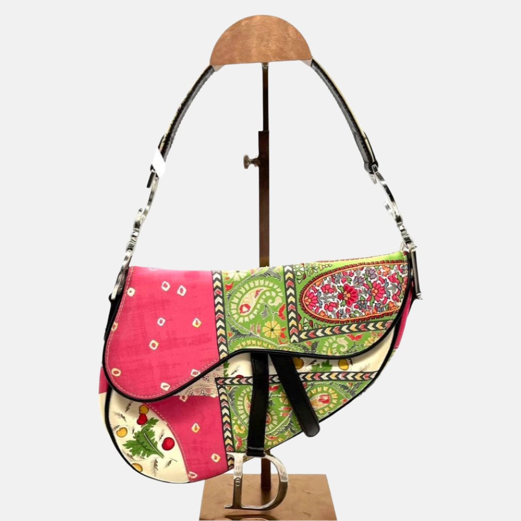 Dior Saddle Medium 2003 Multicolor Silk Handbag RARE Rovelle Bags