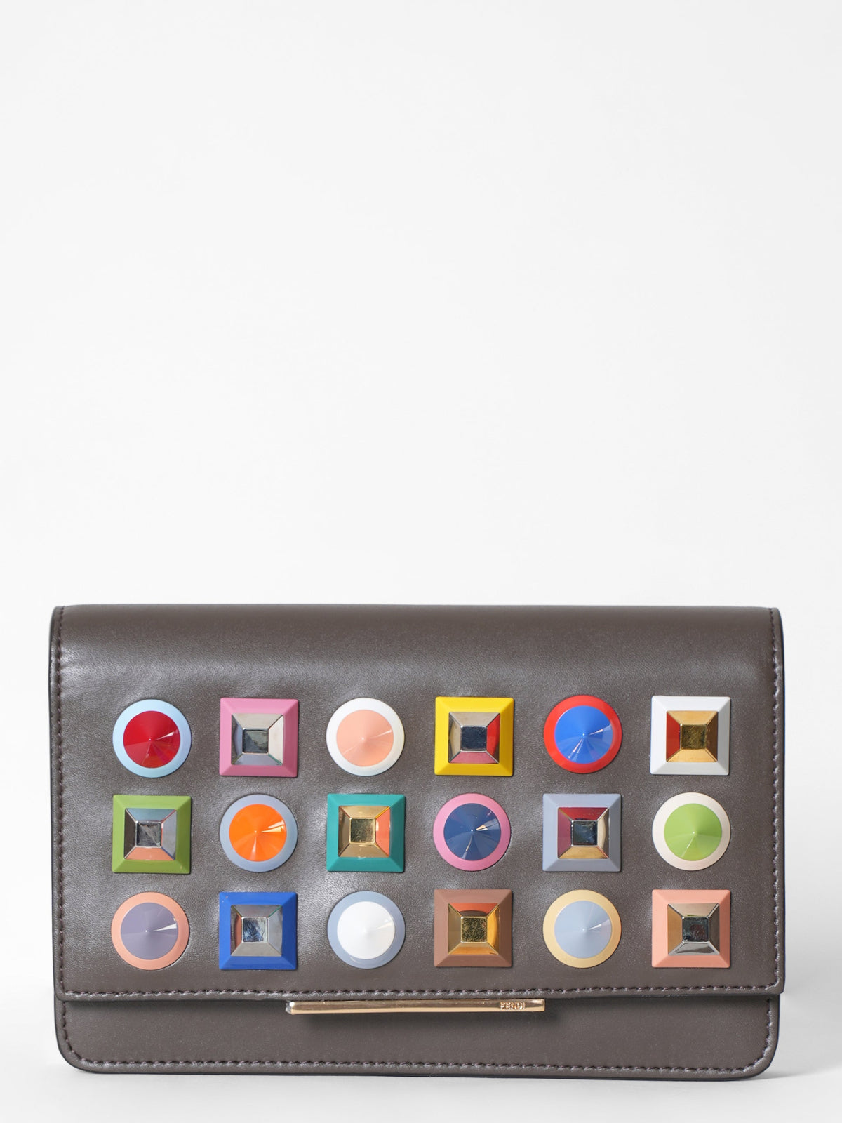 New Fendi Brown Studded Leather Wallet On Chain Rovelle Bags