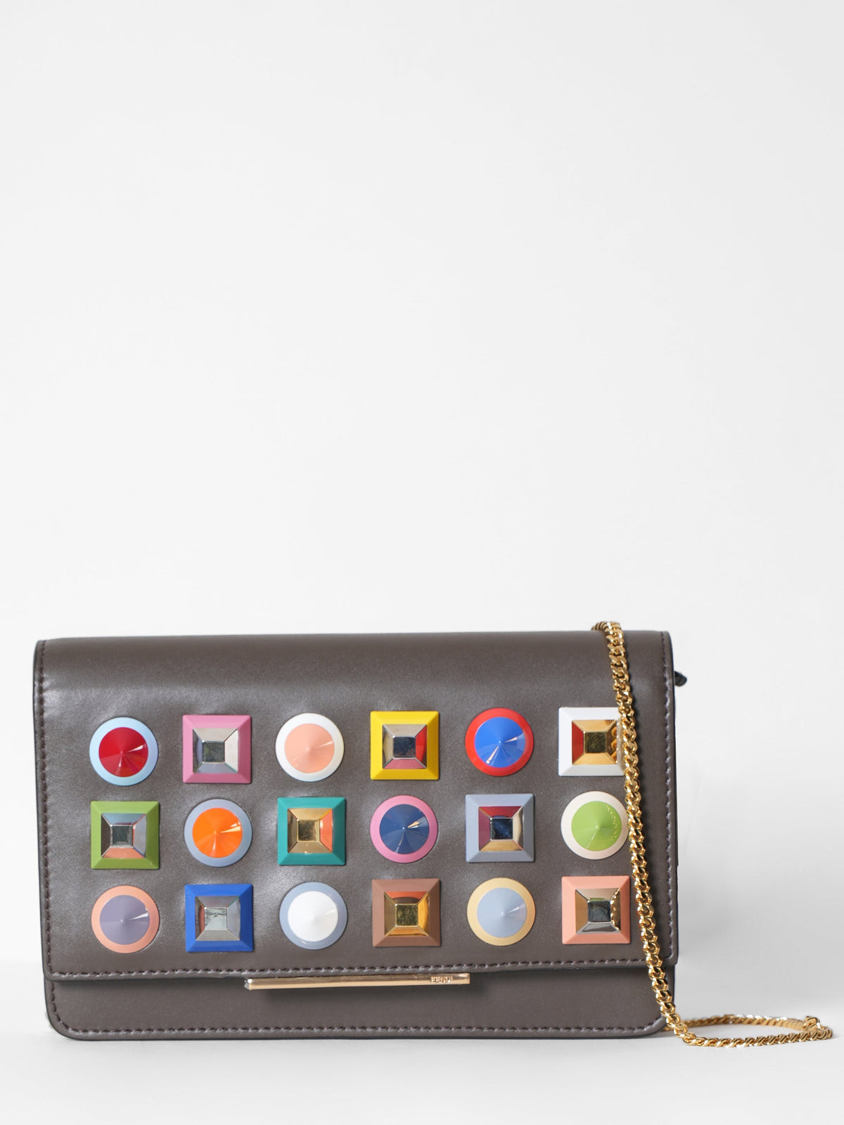 New Fendi Brown Studded Leather Wallet On Chain Rovelle Bags