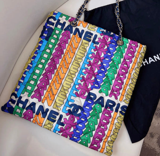 Chanel Rainbow Logo Quilted Textile Tote Bag Gold Hardware 2021 Rovelle Bags