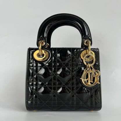 Lady Dior Mini Black Patent Leather Bag with gold hardware Chain Strap Rovelle Bags