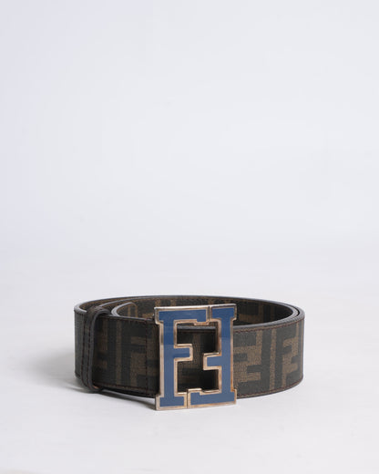 Fendi Men's Reversible Belt In Monogram Canvas WIth Blue Buckle Rovelle Bags