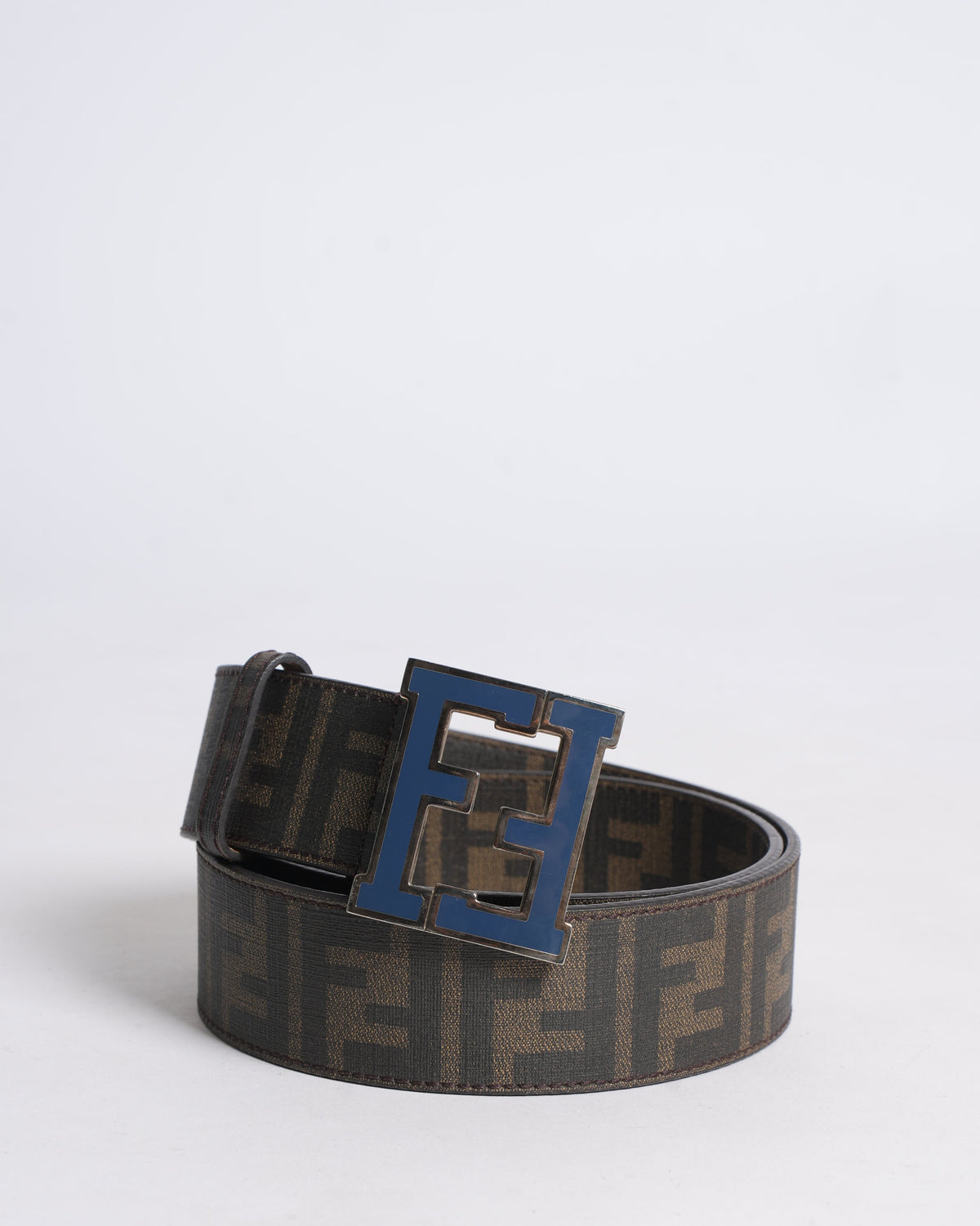 Fendi Men's Reversible Belt In Monogram Canvas WIth Blue Buckle Rovelle Bags