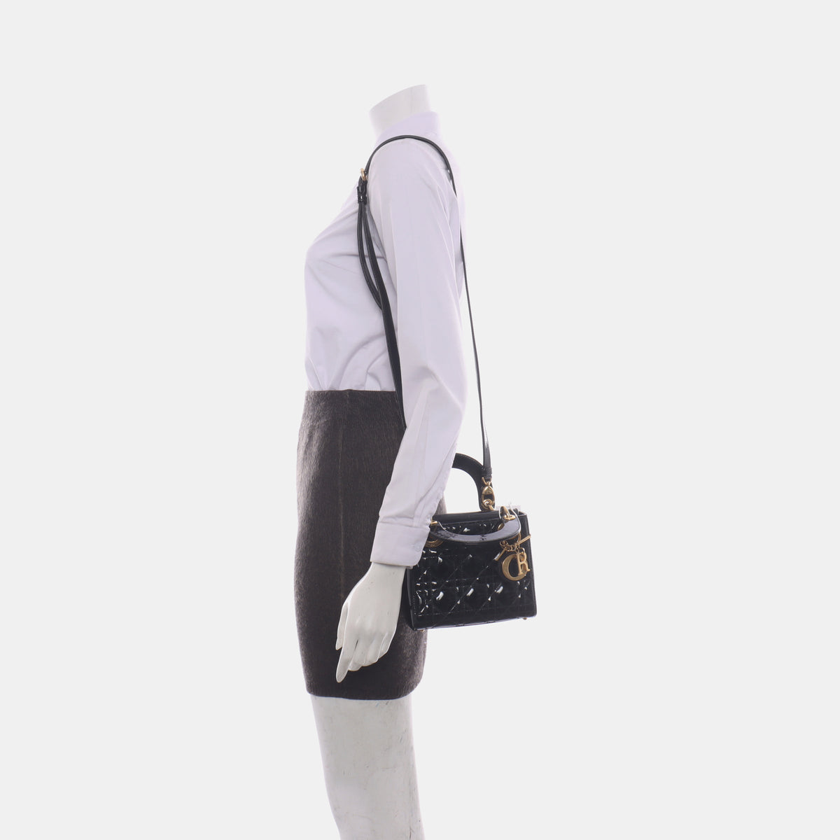 Lady Dior Mini Black Patent Leather handbag with gold hardware Leather Strap Rovelle Bags