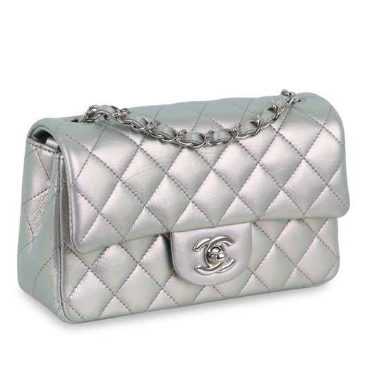 Chanel Mini Rectangular Classic Flap Bag - Iridescent Silver Rovelle Bags