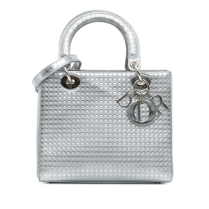 Silver Dior Medium Metallic Patent Microcannage Lady Dior Satchel Rovelle Bags