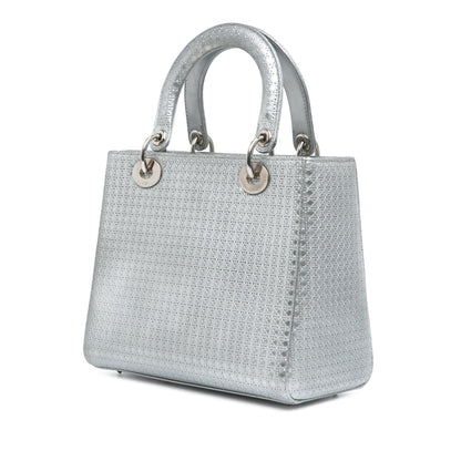 Silver Dior Medium Metallic Patent Microcannage Lady Dior Satchel Rovelle Bags