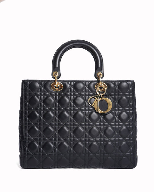 Christian Dior Large Lady Dior In Black Cannage Handbag Rovelle Bags