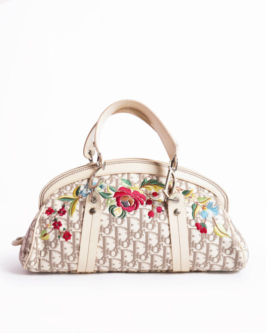 Christian Dior Diorissimo Canvas Leather Floral Embroidered Trotter Satchel Rovelle Bags