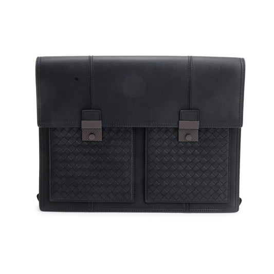 Bottega Veneta Black Intrecciato Leather Briefcase Backpack