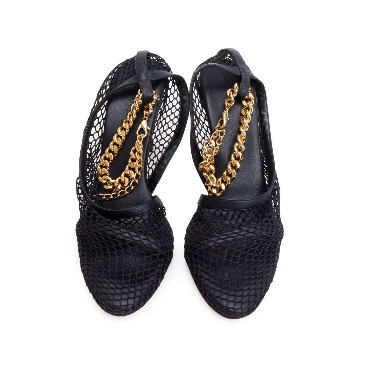 Bottega Veneta Black Leather Mesh Chain Accent Tex Sandal Pumps, Size 39