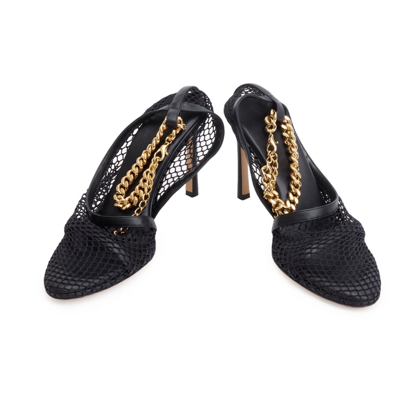 Bottega Veneta Black Leather Mesh Chain Accent Tex Sandal Pumps, Size 39