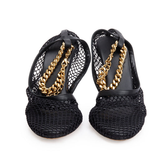 Bottega Veneta Black Leather Mesh Chain Accent Tex Sandal Pumps, Size 39