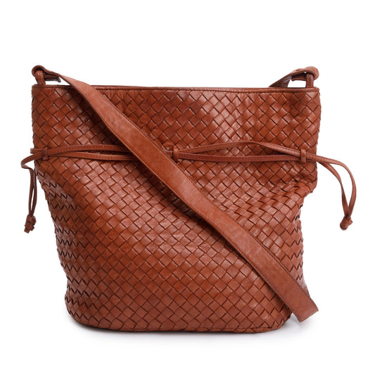 Bottega Veneta Vintage Brown Intrecciato Leather Drawstring Shoulder Bag