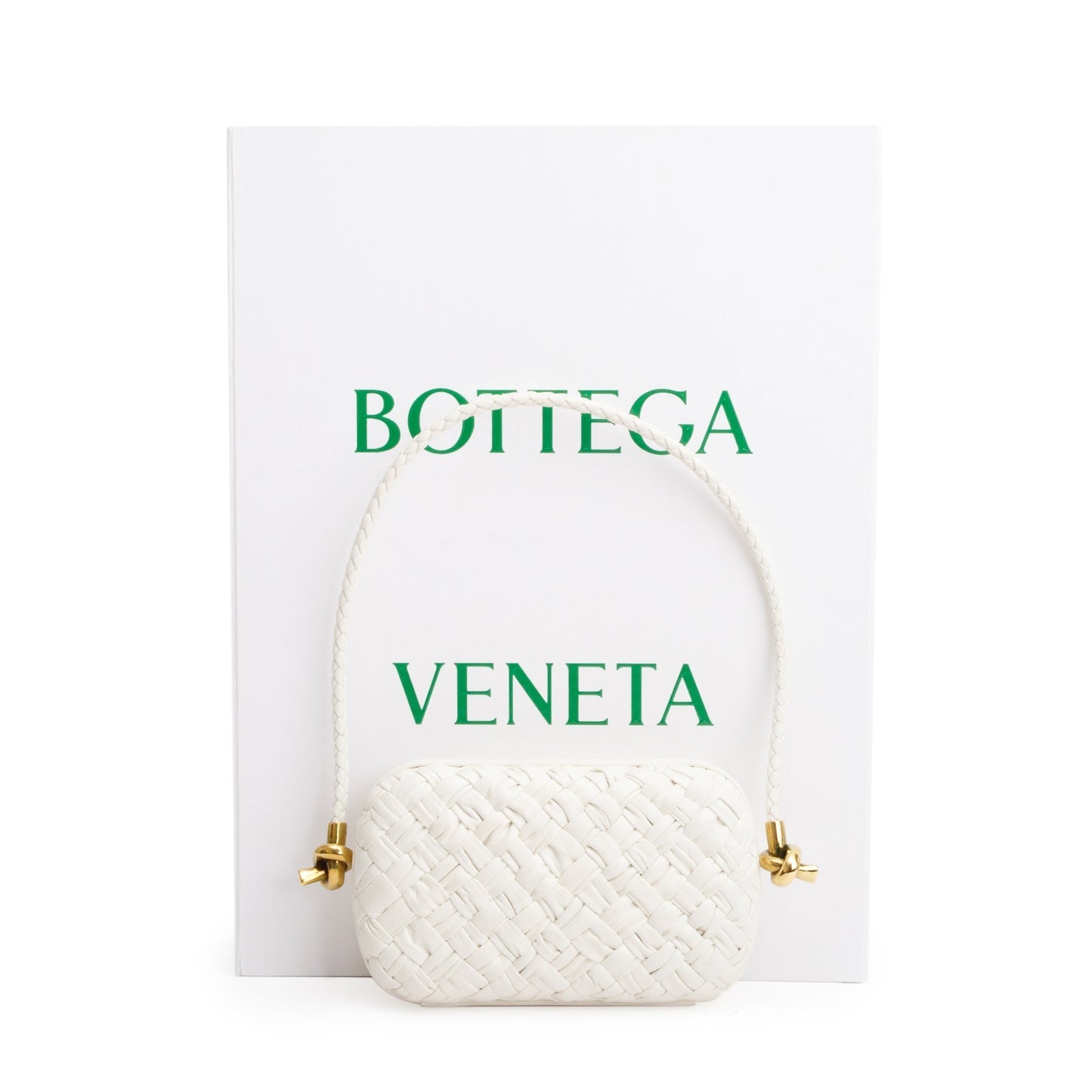 Bottega Veneta White Intreccio-Woven Leather Mini Loop Metal Knots On Strap Clutch Bag