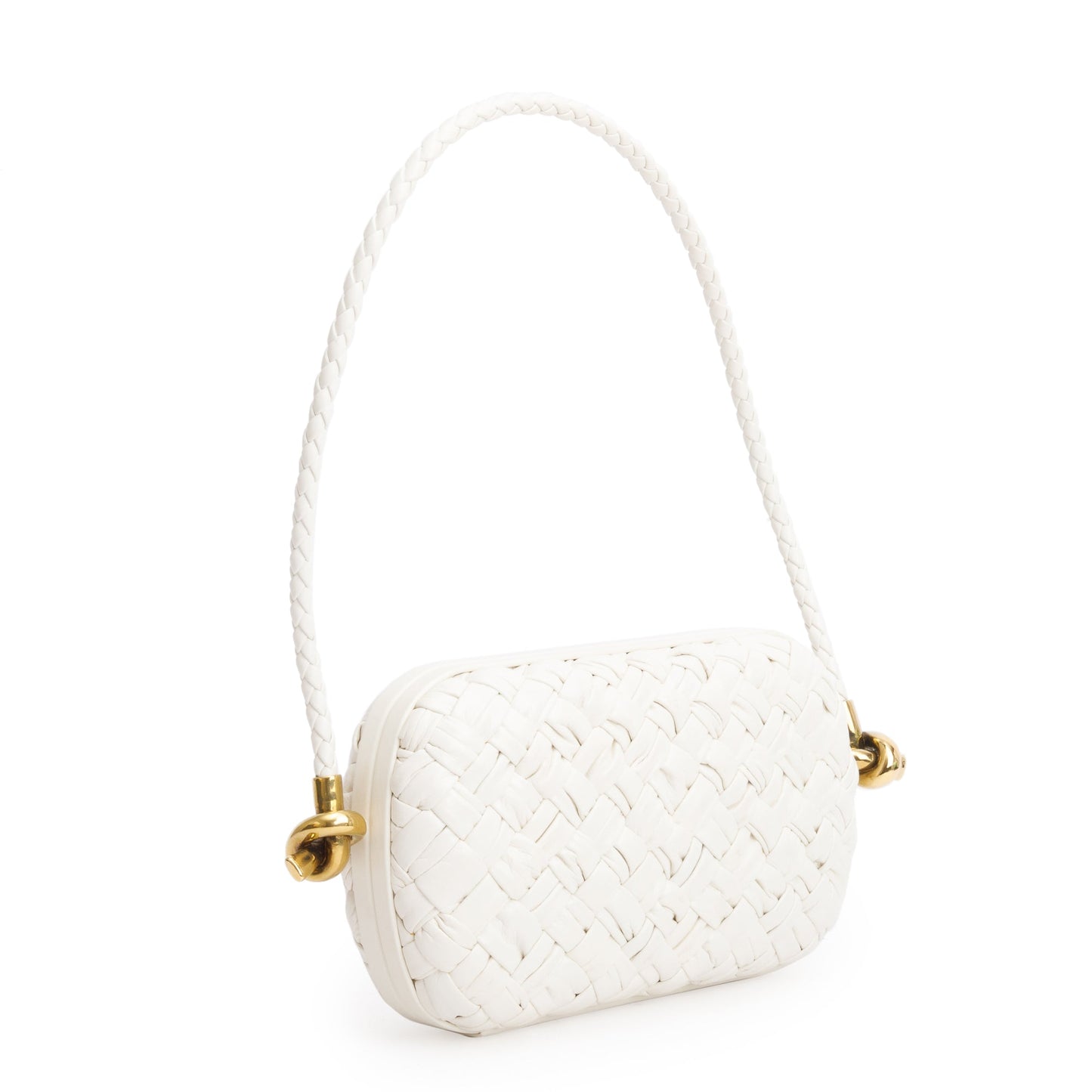 Bottega Veneta White Intreccio-Woven Leather Mini Loop Metal Knots On Strap Clutch Bag