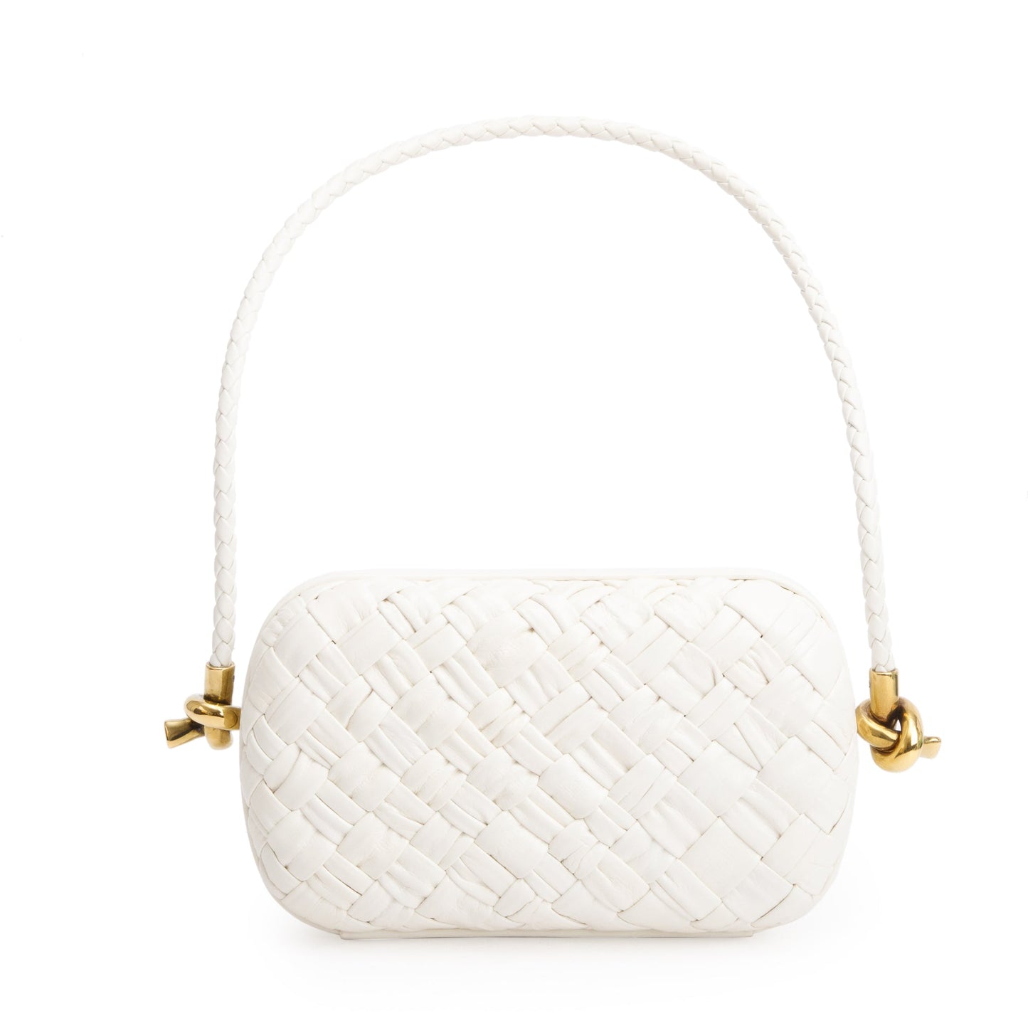 Bottega Veneta White Intreccio-Woven Leather Mini Loop Metal Knots On Strap Clutch Bag