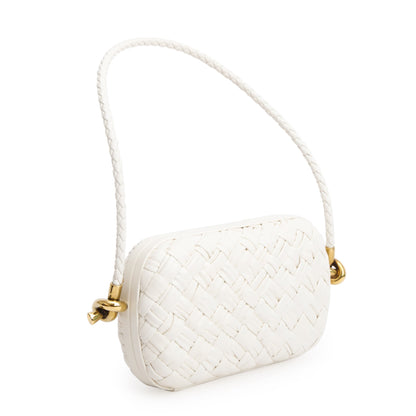 Bottega Veneta White Intreccio-Woven Leather Mini Loop Metal Knots On Strap Clutch Bag