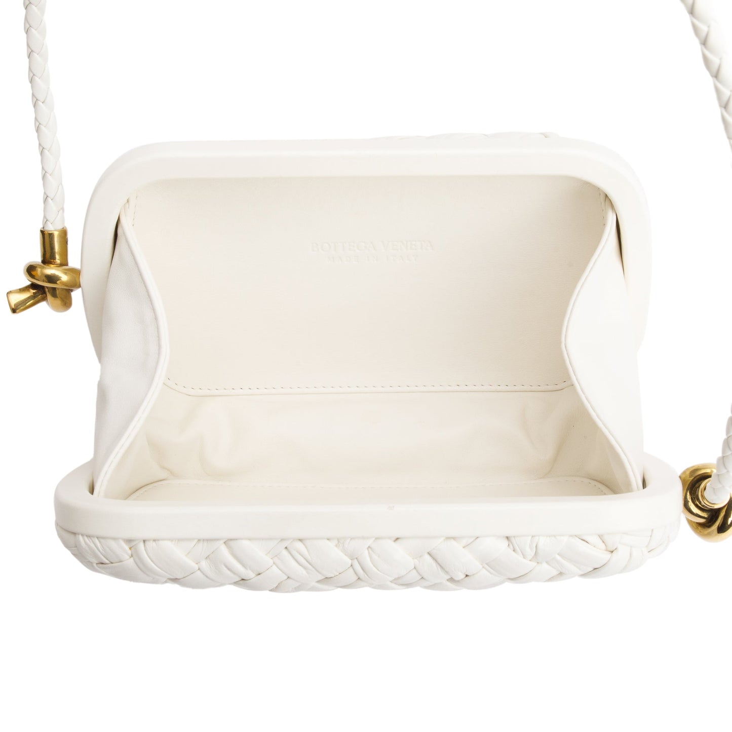 Bottega Veneta White Intreccio-Woven Leather Mini Loop Metal Knots On Strap Clutch Bag