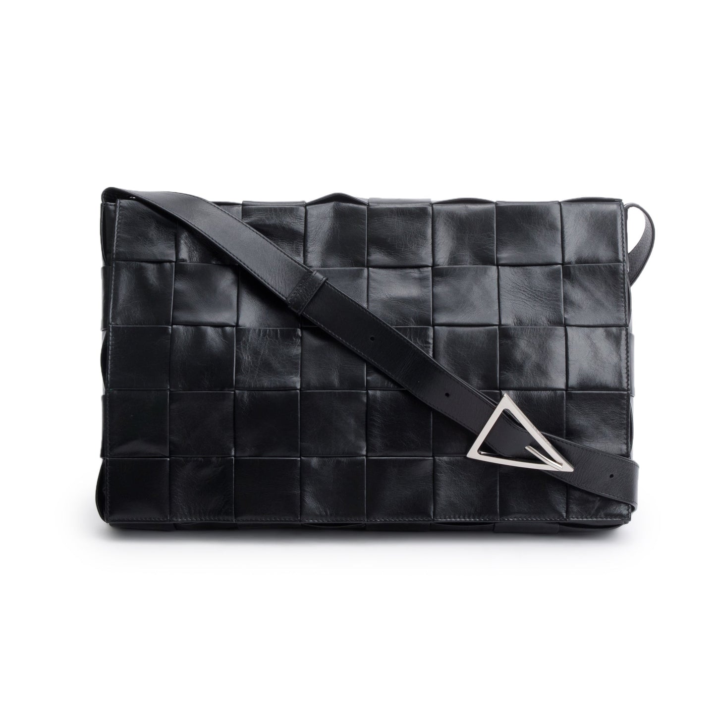 Bottega Venetaen Black Intrecciato Leather Maxi Cassette Flap Messenger Bag