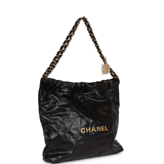 Chanel Small 22 Bag Black Lambskin Antique Gold Hardware Rovelle Bags
