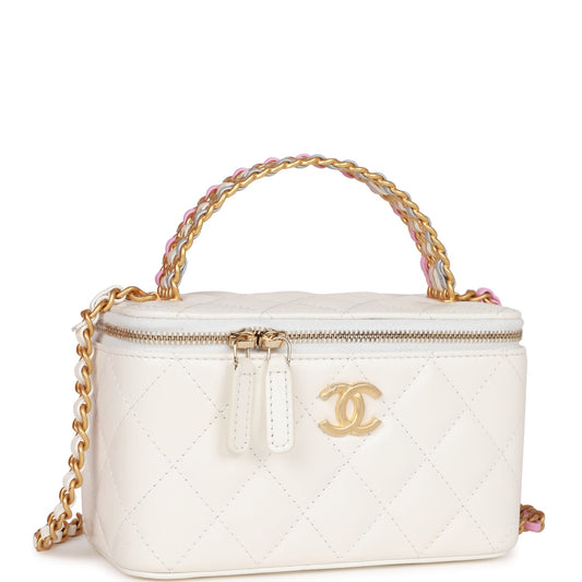 Chanel Small Vanity Case White Lambskin Leather Antique Gold Hardware Rovelle Bags