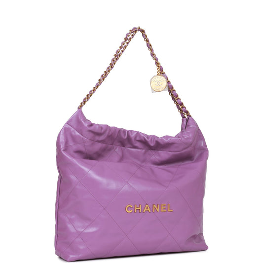 Chanel Medium 22 Bag Purple Calfskin Gold Hardware Rovelle Bags
