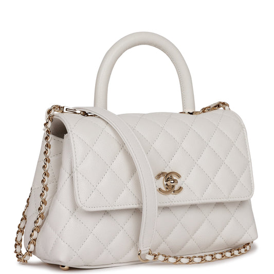 Chanel Small Coco Handle Flap Bag White Caviar Light Gold Hardware Rovelle Bags