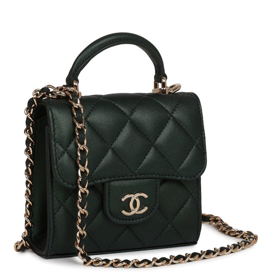 Chanel Mini Top Handle Clutch With Chain Dark Green Iridescent Lambskin Light Gold Hardware Rovelle Bags