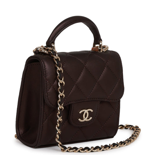 Chanel Mini Top Handle Clutch With Chain Burgundy Iridescent Lambskin Light Gold Hardware Rovelle Bags