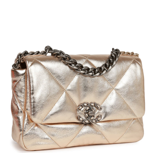 Chanel Medium 19 Flap Bag Gold Metallic Lambskin Mixed Hardware Rovelle Bags
