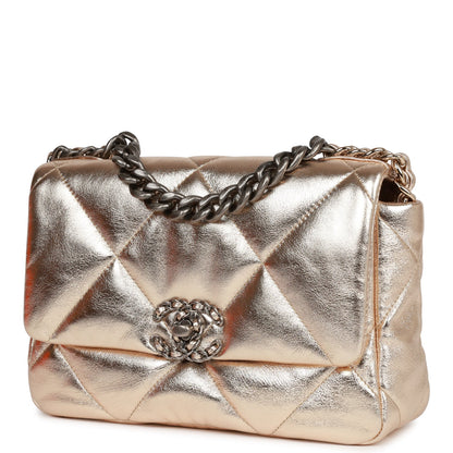 Chanel Medium 19 Flap Bag Gold Metallic Lambskin Mixed Hardware Rovelle Bags