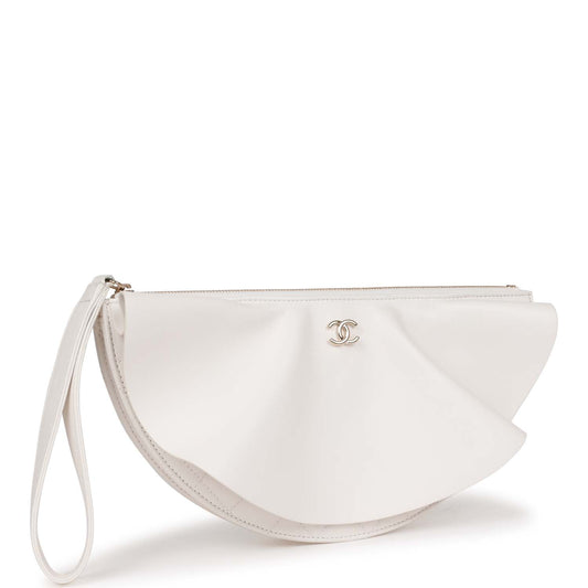 Chanel Ruffle Clutch With Wristlet White Lambskin Light Gold Hardware Rovelle Bags