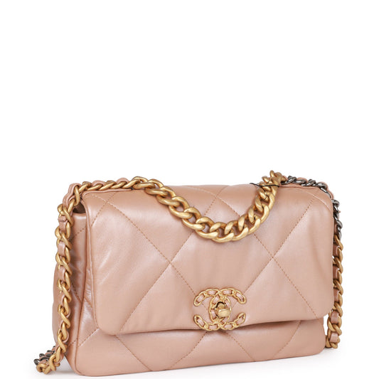 Chanel Medium 19 Flap Bag Beige Iridescent Calfskin Mixed Hardware Rovelle Bags