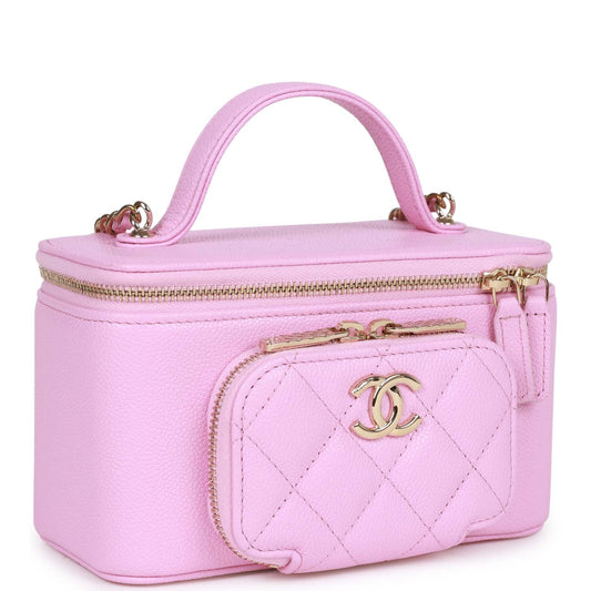 Chanel Small Top Handle Vanity Case Pink Quilted Caviar Gold Hardware Rovelle Bags