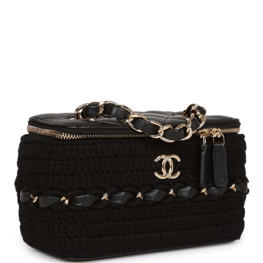 Chanel Small Vanity Case Black Crochet And Lambskin Light Gold Hardware Rovelle Bags