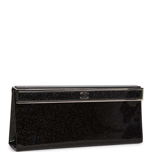 Chanel Minaudiere Long Frame Clutch Black Glitter Patent Silver Hardware Rovelle Bags