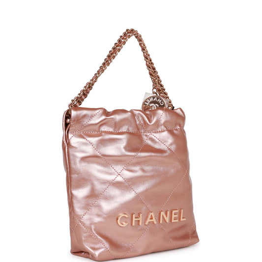 Chanel Mini 22 Bag Rose Gold Iridescent Calfskin Rose Gold Hardware Rovelle Bags
