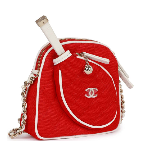 Chanel Monte-Carlo Mini Crossbody Tennis Bag Red Canvas Light Gold Hardware Canvas Rovelle Bags