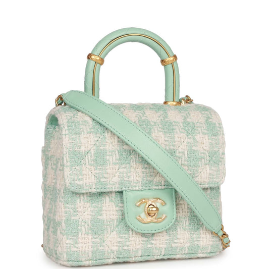 Chanel Mini Square Flap With Top Handle Turquoise And Ecru Tweed Antique Gold Hardware Rovelle Bags