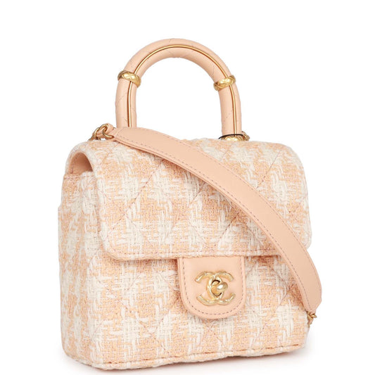 Chanel Mini Square Flap With Top Handle Light Orange And Ecru Tweed Antique Gold Hardware Rovelle Bags