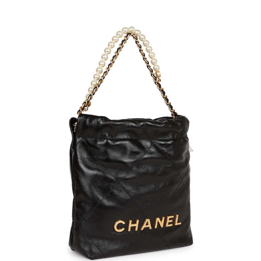 Chanel Mini 22 Bag Black Calfskin And Pearl Antique Gold Hardware Rovelle Bags