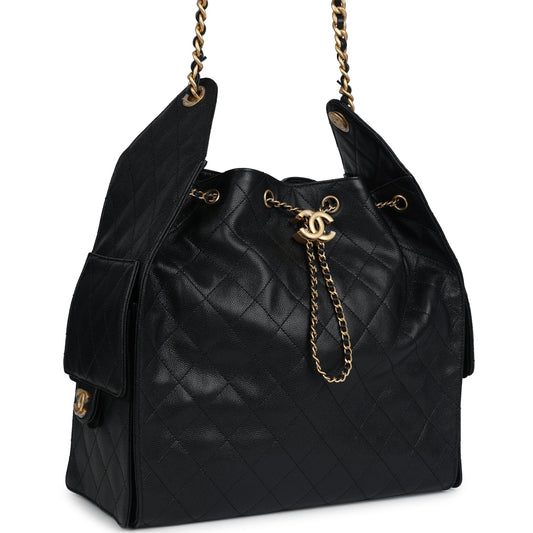 Chanel Medium 25 Hobo Bag Black Caviar Antique Gold Hardware Rovelle Bags