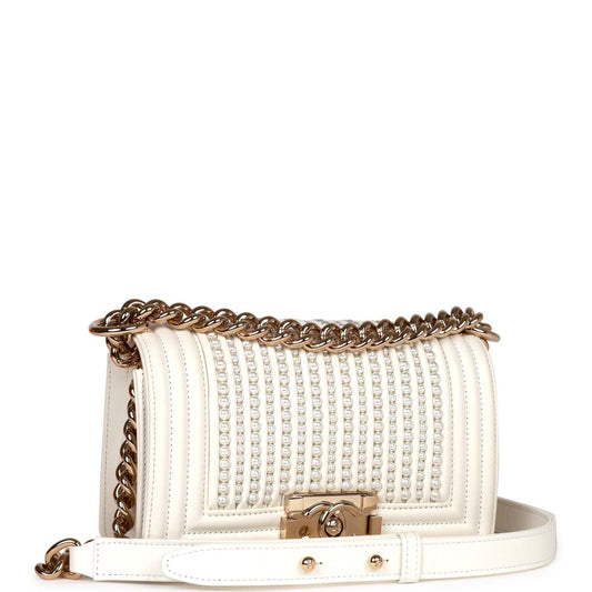 Chanel Small Boy Bag White Calfskin With Imitation Pearls Light Gold Hardware Rovelle Bags