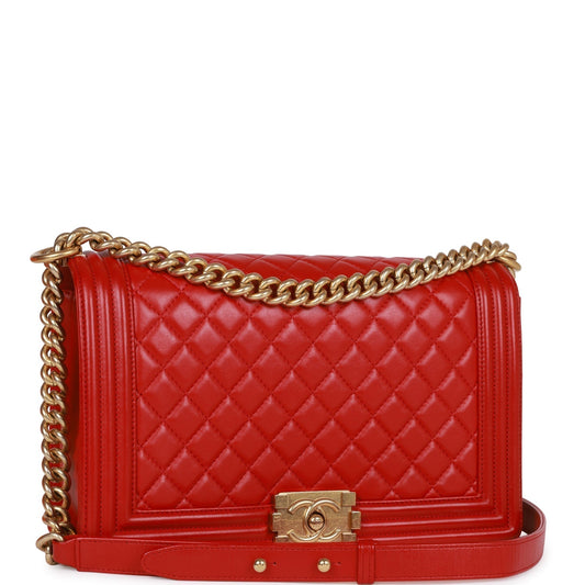 Chanel New Medium Boy Bag Red Lambskin Antique Gold Hardware Rovelle Bags