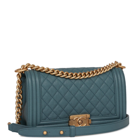 Chanel Medium Boy Bag Blue Caviar Antique Gold Hardware Rovelle Bags