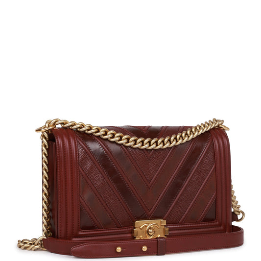 Chanel New Medium Boy Bag Burgundy Chevron Antique Gold Hardware Rovelle Bags