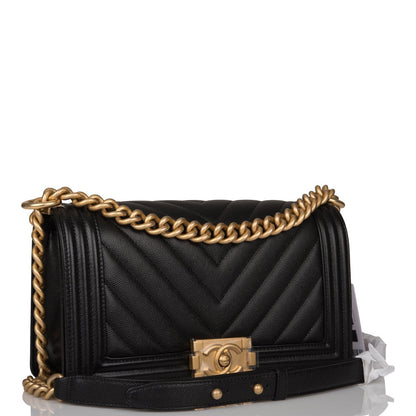 Chanel Medium Boy Bag Black Chevron Caviar Antique Gold Hardware Rovelle Bags