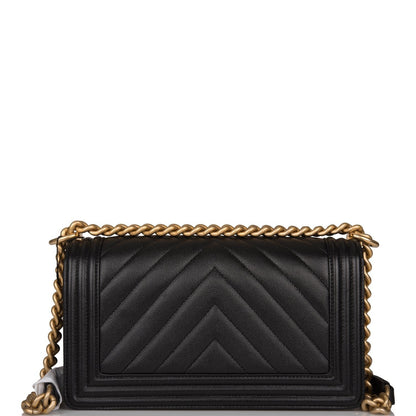 Chanel Medium Boy Bag Black Chevron Caviar Antique Gold Hardware Rovelle Bags